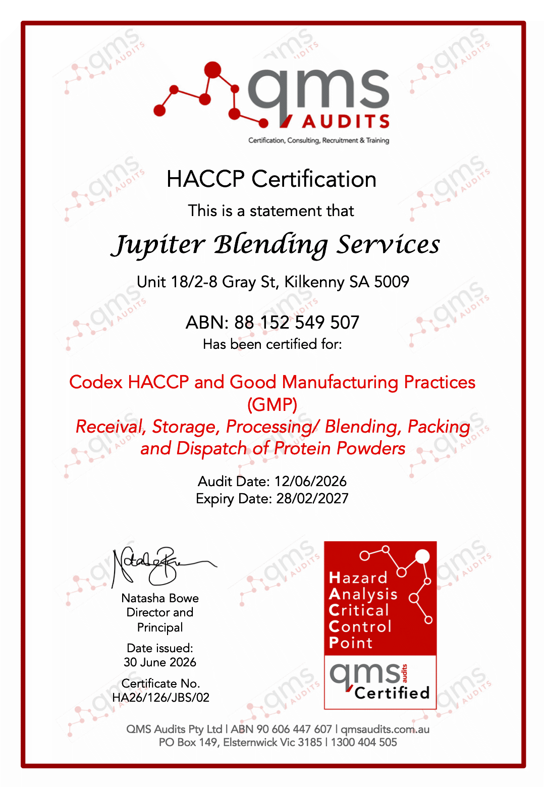 HACCP Certificate for Jupiter Blending Services